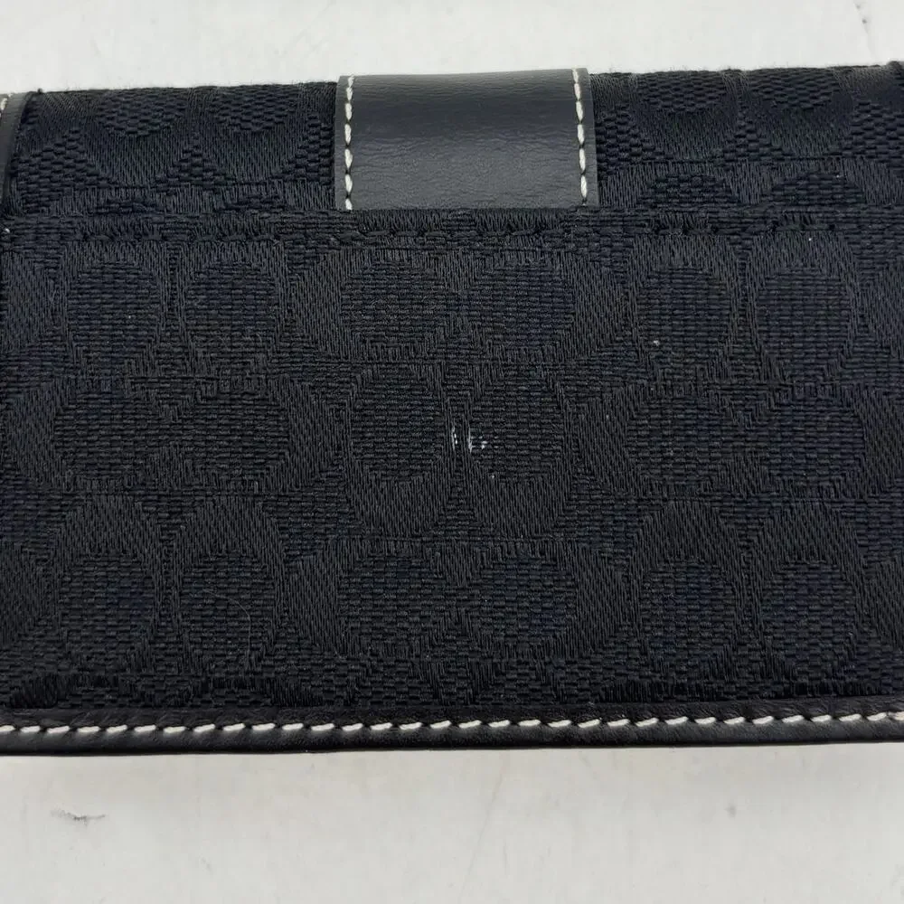 Coach Signature Jacquard Bifold Card Case Wallet Black Leather Compact
